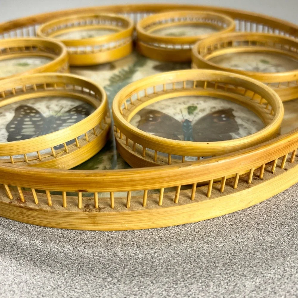 Vintage Round Pressed Butterfly Bar‎ Tray & Coaster Set Bamboo fern leaf retro